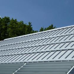 Bedachung Hosekra Trapez T4 mit Schneenassen und Dachfirst.