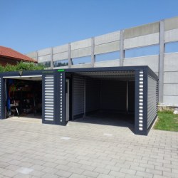 G160 Montažna Kovinska Garaža: Siva z Belimi Obrobami za Sodobno Shranjevanje Vozil